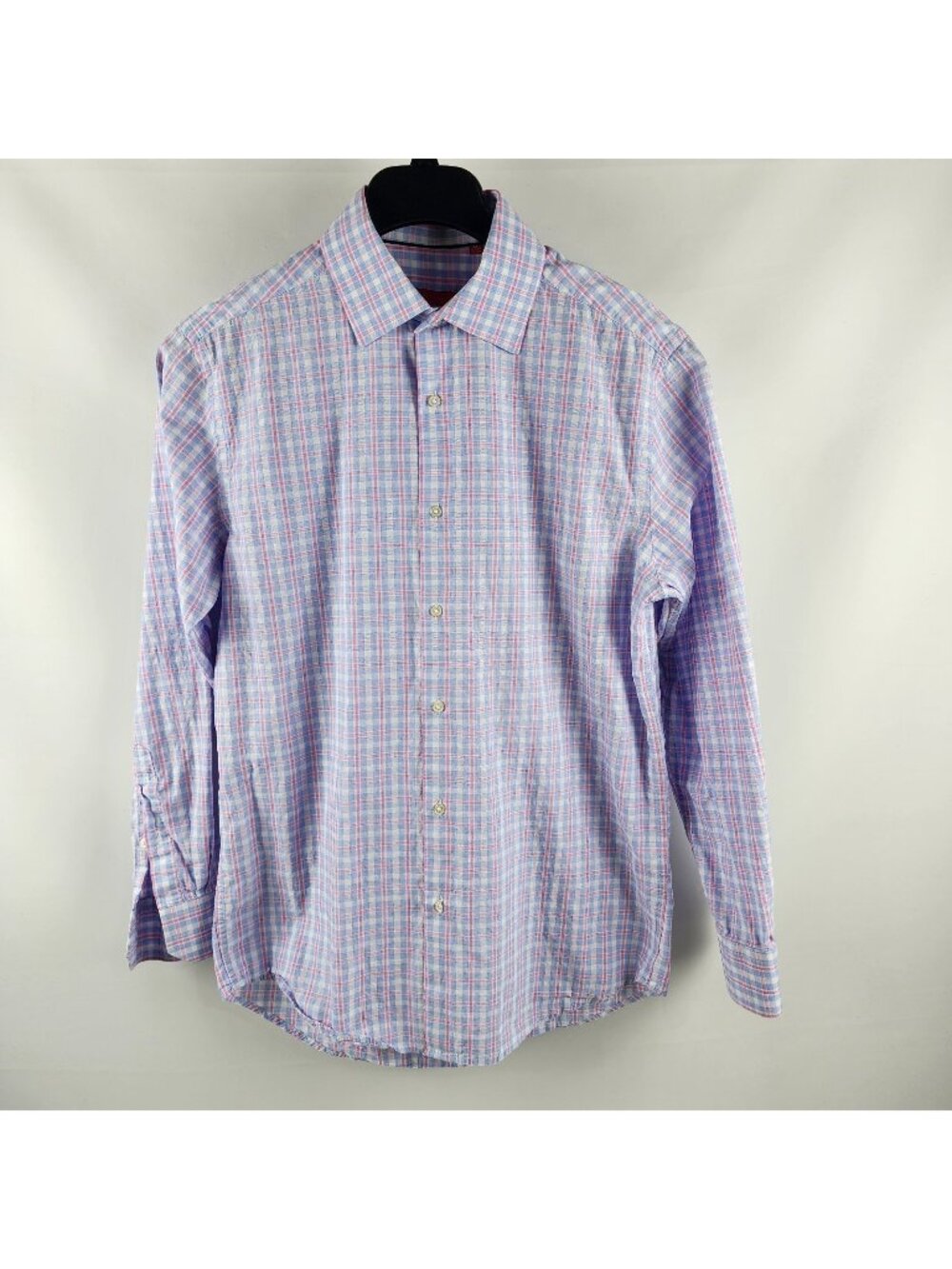 Report Collection Dress Shirt Mens Medium Blue Pink Checkered L/S Button Up